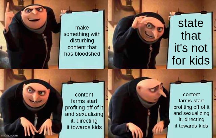 When your project gets put to waste cause content farms see it as easy money | make something with disturbing content that has bloodshed; state that it's not for kids; content farms start profiting off of it and sexualizing it, directing it towards kids; content farms start profiting off of it and sexualizing it, directing it towards kids | image tagged in memes,gru's plan | made w/ Imgflip meme maker
