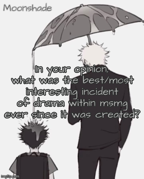 Moonshade Gojo and Megumi Template | In your opinion, what was the best/most interesting incident of drama within msmg ever since it was created? | image tagged in moonshade gojo and megumi template | made w/ Imgflip meme maker