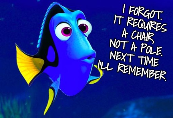 Bad Memory Fish | I FORGOT. IT REQUIRES A CHAIR, NOT A POLE. NEXT TIME I'LL REMEMBER. | image tagged in bad memory fish | made w/ Imgflip meme maker