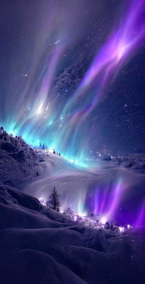 Winter Night In Heaven | image tagged in heaven,winter,aurora,beautiful,purple,aesthetic | made w/ Imgflip meme maker
