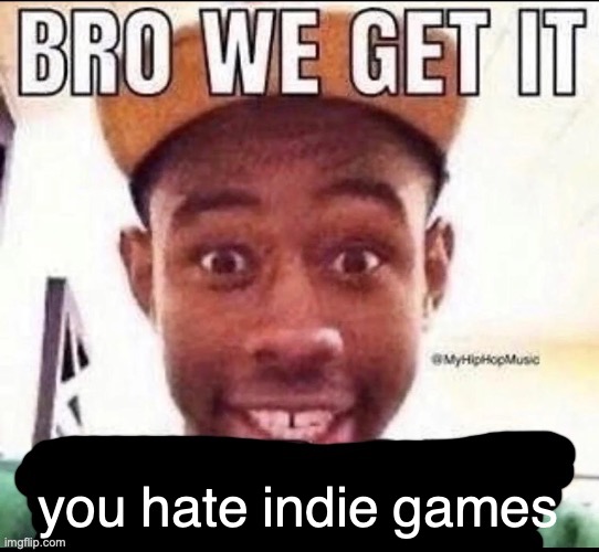 Bro we get it (blank) | you hate indie games | image tagged in bro we get it blank | made w/ Imgflip meme maker