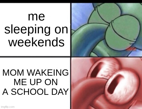 Squidward sleeping | me sleeping on weekends; MOM WAKEING ME UP ON A SCHOOL DAY | image tagged in squidward sleeping | made w/ Imgflip meme maker