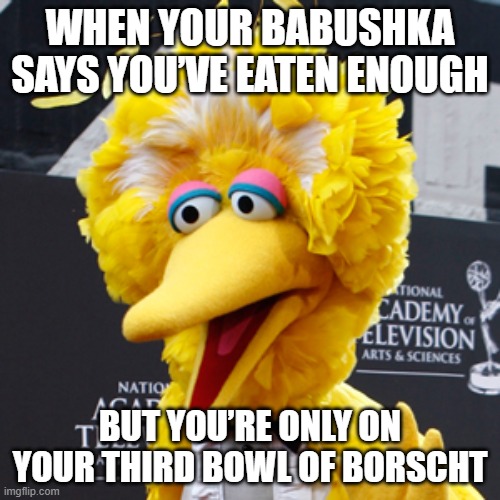 Big Bird Meme | WHEN YOUR BABUSHKA SAYS YOU’VE EATEN ENOUGH; BUT YOU’RE ONLY ON YOUR THIRD BOWL OF BORSCHT | image tagged in memes,big bird,slavic lives matter | made w/ Imgflip meme maker