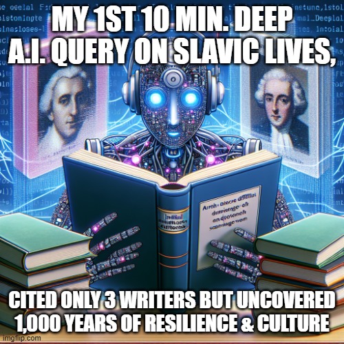 My 1st 10 min. deep A.I. query on topic, cited ONLY 3 writers | MY 1ST 10 MIN. DEEP A.I. QUERY ON SLAVIC LIVES, CITED ONLY 3 WRITERS BUT UNCOVERED 1,000 YEARS OF RESILIENCE & CULTURE | image tagged in my 1st 10 min deep a i query on topic cited only 3 writers,slavic lives matter | made w/ Imgflip meme maker