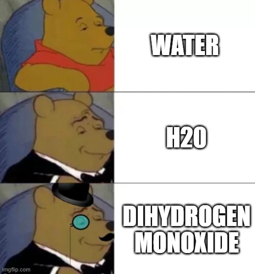 sience | WATER; H20; DIHYDROGEN MONOXIDE | image tagged in fancy pooh | made w/ Imgflip meme maker