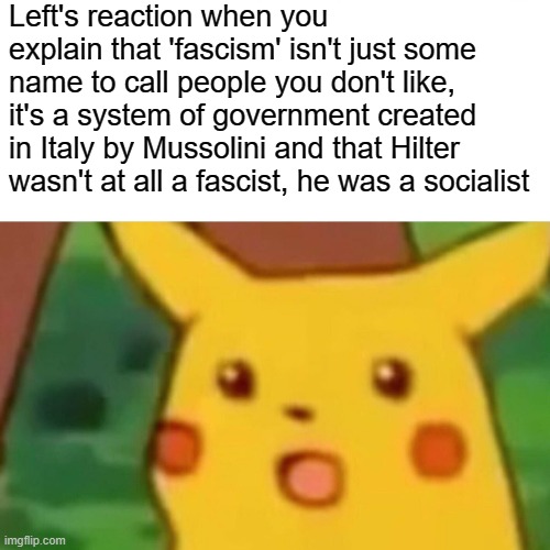“Fascism should more properly be called corporatism because it is the merger of state and corporate power” - Mussolini | Left's reaction when you explain that 'fascism' isn't just some name to call people you don't like, it's a system of government created in Italy by Mussolini and that Hilter wasn't at all a fascist, he was a socialist | image tagged in memes,surprised pikachu | made w/ Imgflip meme maker