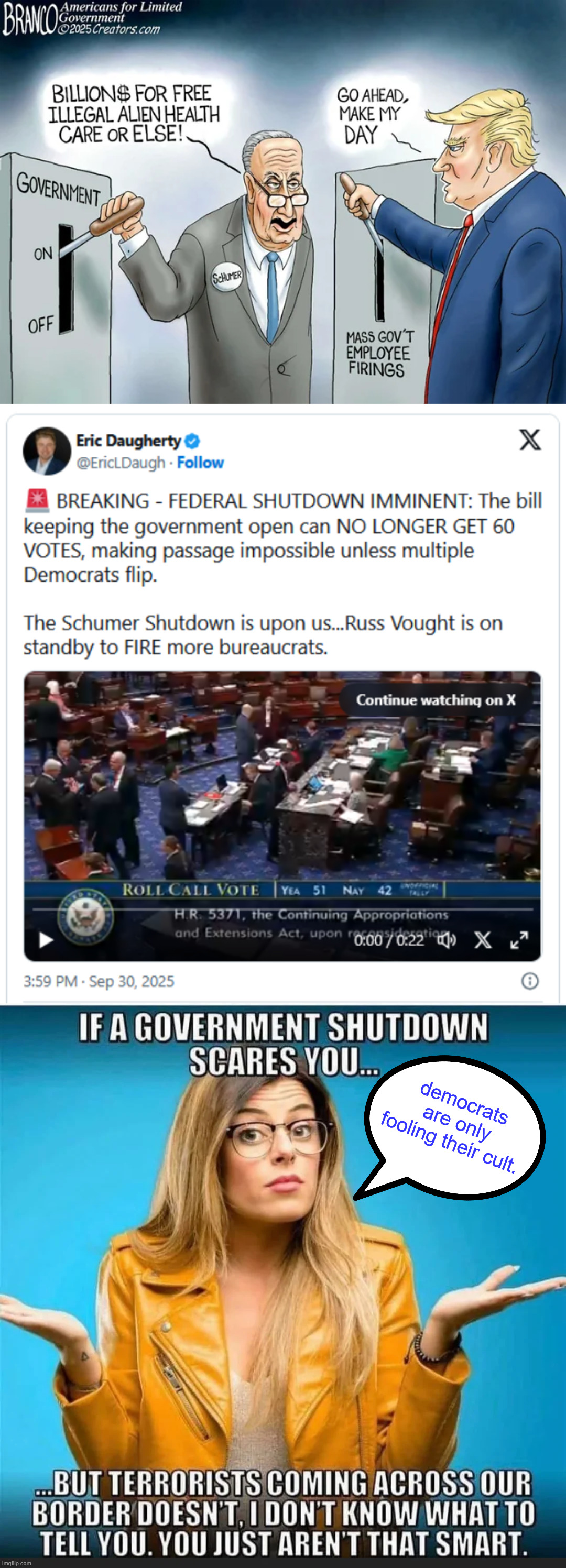 democrats are only fooling their cult. | democrats are only fooling their cult. | image tagged in schumer shutdown,america knows who is responsible for shutdown | made w/ Imgflip meme maker