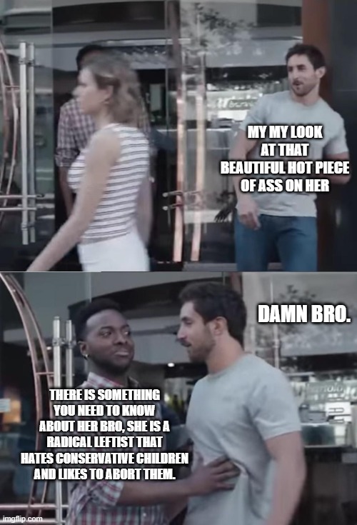 Thanks for the advice bro. | MY MY LOOK AT THAT BEAUTIFUL HOT PIECE OF ASS ON HER; DAMN BRO. THERE IS SOMETHING YOU NEED TO KNOW ABOUT HER BRO, SHE IS A RADICAL LEFTIST THAT HATES CONSERVATIVE CHILDREN AND LIKES TO ABORT THEM. | image tagged in bro not cool,leftist,democrats,conservative,children,abortion | made w/ Imgflip meme maker