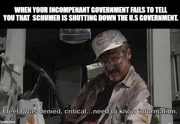 LOL! | WHEN YOUR INCOMPENANT GOVERNMENT FAILS TO TELL YOU THAT  SCHUMER IS SHUTTING DOWN THE U.S GOVERNMENT. | image tagged in us government,chuck schumer,democrats,government shutdown | made w/ Imgflip meme maker