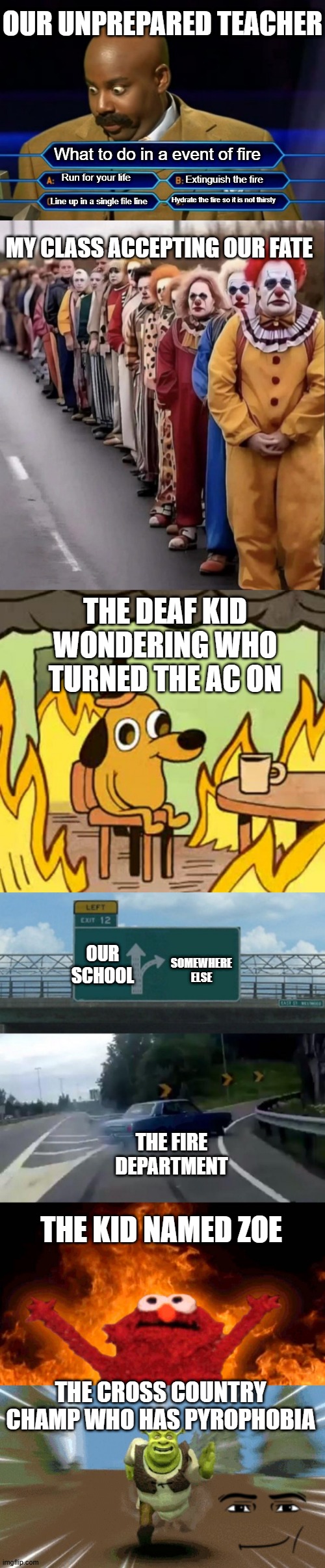 School system is absolutely cooked | OUR UNPREPARED TEACHER; What to do in a event of fire; Run for your life; Extinguish the fire; Hydrate the fire so it is not thirsty; Line up in a single file line; MY CLASS ACCEPTING OUR FATE; THE DEAF KID WONDERING WHO TURNED THE AC ON; OUR SCHOOL; SOMEWHERE ELSE; THE FIRE DEPARTMENT; THE KID NAMED ZOE; THE CROSS COUNTRY CHAMP WHO HAS PYROPHOBIA | image tagged in clowns lining up,its fine,memes,left exit 12 off ramp,first world problems,why can't you just be normal | made w/ Imgflip meme maker