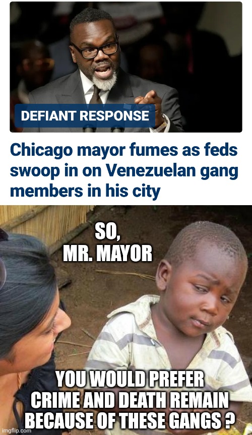 Enough is enough | SO, MR. MAYOR; YOU WOULD PREFER CRIME AND DEATH REMAIN BECAUSE OF THESE GANGS ? | image tagged in third world skeptical kid,chicago,gangs,leftists,liberals,democrats | made w/ Imgflip meme maker