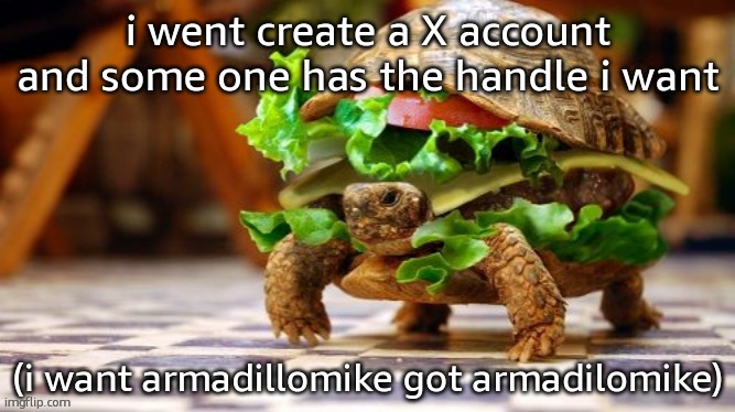 Tortoise Samwich | i went create a X account and some one has the handle i want; (i want armadillomike got armadilomike) | image tagged in tortoise samwich | made w/ Imgflip meme maker