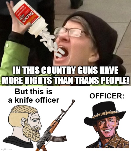 IN THIS COUNTRY GUNS HAVE MORE RIGHTS THAN TRANS PEOPLE! | image tagged in funny,chad,carol the autistic cuck,crocodile dundee knife,identity politics | made w/ Imgflip meme maker