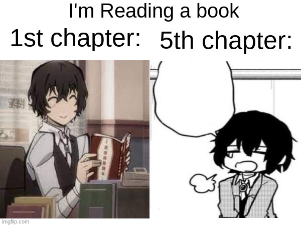 Book Fatigue is real | I'm Reading a book; 1st chapter:; 5th chapter: | image tagged in bsd,anime,reading,memes,funny | made w/ Imgflip meme maker