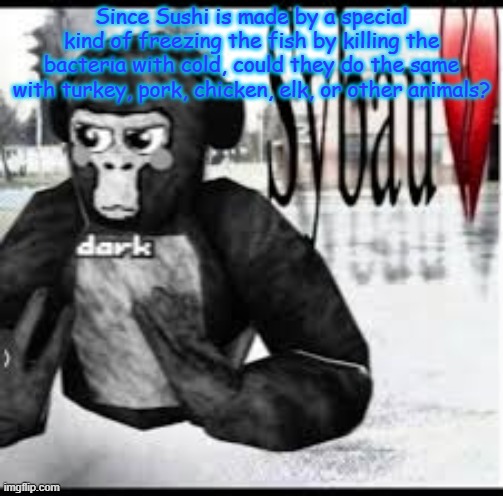 Gtag sybau 3 | Since Sushi is made by a special kind of freezing the fish by killing the bacteria with cold, could they do the same with turkey, pork, chicken, elk, or other animals? | image tagged in gtag sybau 3 | made w/ Imgflip meme maker