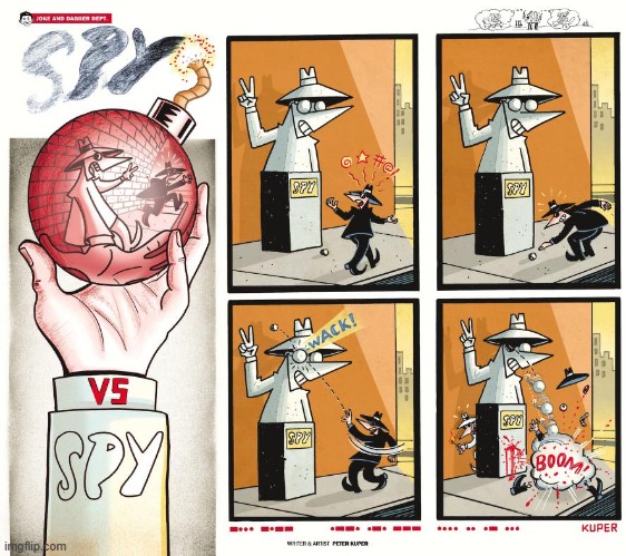 image tagged in spy vs spy,statue,rock,eyeball,boom,ouch | made w/ Imgflip meme maker