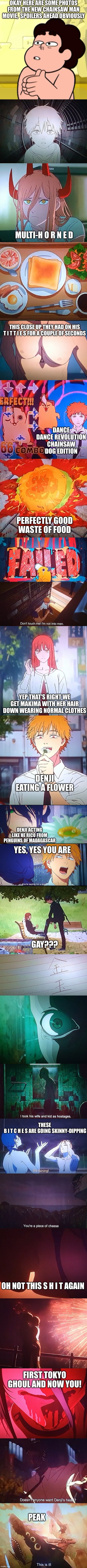 Reze Arc | OKAY HERE ARE SOME PHOTOS FROM THE NEW CHAINSAW MAN MOVIE,  SPOILERS AHEAD OBVIOUSLY; MULTI-H O R N E D; THIS CLOSE UP THEY HAD ON HIS T I T T I E S FOR A COUPLE OF SECONDS; DANCE DANCE REVOLUTION CHAINSAW DOG EDITION; PERFECTLY GOOD WASTE OF FOOD; YEP THAT'S RIGHT WE GET MAKIMA WITH HER HAIR DOWN WEARING NORMAL CLOTHES; DENJI EATING A FLOWER; DENJI ACTING LIKE HE RICO FROM PENGUINS OF MADAGASCAR; YES, YES YOU ARE; GAY??? THESE
 B I T C H E S ARE GOING SKINNY-DIPPING; OH NOT THIS S H I T AGAIN; FIRST TOKYO GHOUL AND NOW YOU! PEAK | image tagged in call me lasagna,csm | made w/ Imgflip meme maker