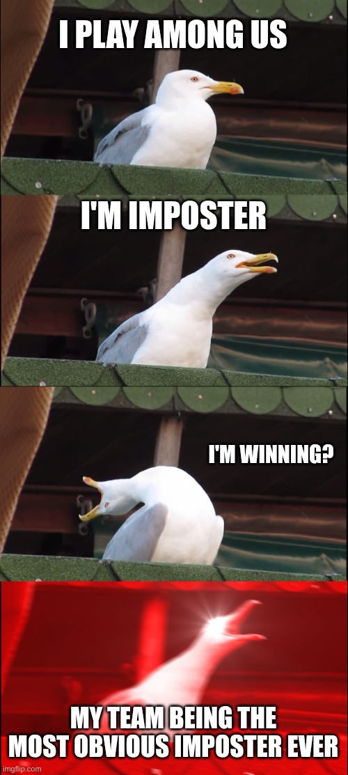 amung us meme | I PLAY AMONG US; I'M IMPOSTER; I'M WINNING? MY TEAM BEING THE MOST OBVIOUS IMPOSTER EVER | image tagged in memes,inhaling seagull | made w/ Imgflip meme maker