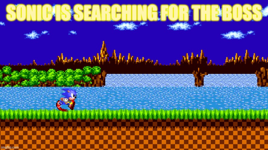 Sonic is searching for the boss | SONIC IS SEARCHING FOR THE BOSS | image tagged in sonic in green hill zone | made w/ Imgflip meme maker