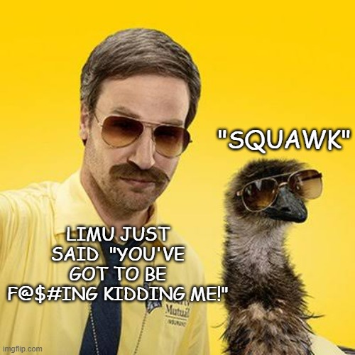 "SQUAWK" LIMU JUST SAID  "YOU'VE GOT TO BE F@$#ING KIDDING ME!" | image tagged in limu emu | made w/ Imgflip meme maker