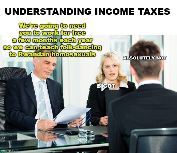 Gov: "Just tell them it's for some nonsense like roadwork" | UNDERSTANDING INCOME TAXES; We're going to need you to work for free a few months each year so we can teach folk-dancing to Rwandan homosexuals; ABSOLUTELY NOT; BIGOT | image tagged in job interview | made w/ Imgflip meme maker