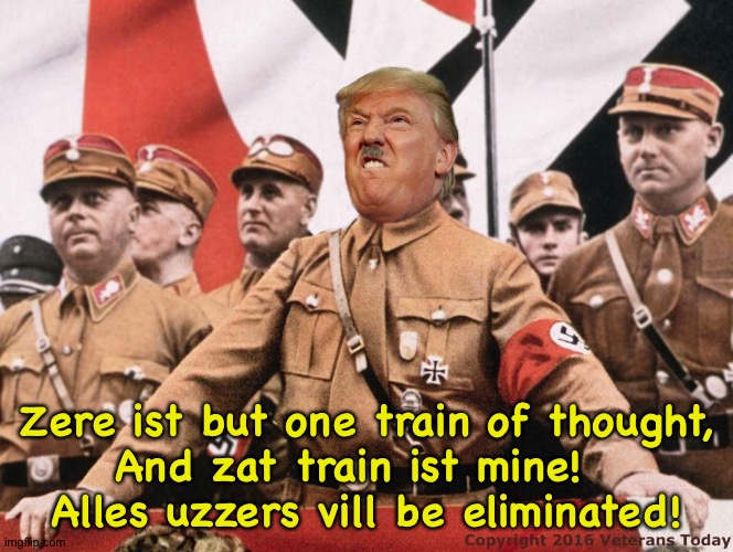 Trump Hitler  | Zere ist but one train of thought,
And zat train ist mine!  
Alles uzzers vill be eliminated! | image tagged in trump hitler | made w/ Imgflip meme maker