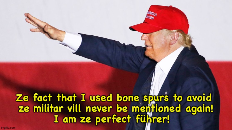 Donald, Donald, über alles! | Ze fact that I used bone spurs to avoid 
ze militar vill never be mentioned again!
I am ze perfect führer! | image tagged in trump nazi salute | made w/ Imgflip meme maker