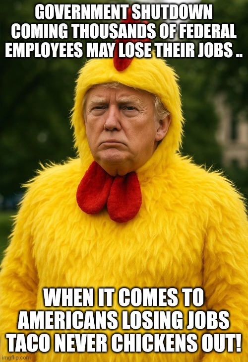 Taco maga | GOVERNMENT SHUTDOWN COMING THOUSANDS OF FEDERAL EMPLOYEES MAY LOSE THEIR JOBS .. WHEN IT COMES TO AMERICANS LOSING JOBS TACO NEVER CHICKENS OUT! | image tagged in donald trump,trump,government shutdown,taco,nevertrump,conservative | made w/ Imgflip meme maker