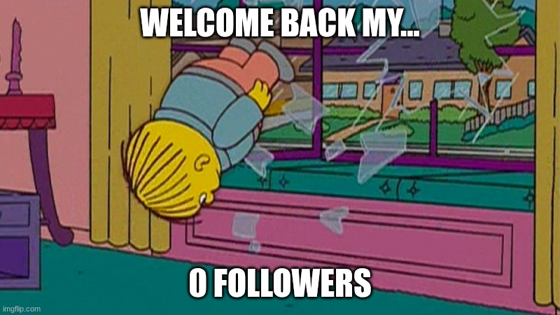 My kidnapper returning me after | WELCOME BACK MY... 0 FOLLOWERS | image tagged in my kidnapper returning me after | made w/ Imgflip meme maker