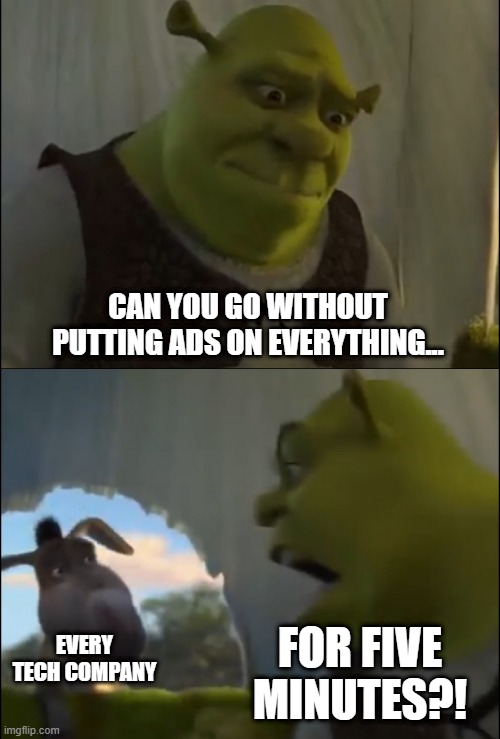 no ads plzkthx | CAN YOU GO WITHOUT PUTTING ADS ON EVERYTHING... FOR FIVE MINUTES?! EVERY
TECH COMPANY | image tagged in shrek yelling at donkey | made w/ Imgflip meme maker