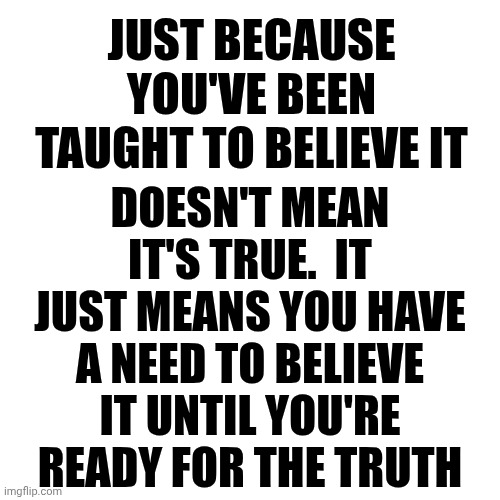 The People You Were Supposed To Be Able To Trust Were Your Captors And They've LIED About EVERYTHING! | JUST BECAUSE YOU'VE BEEN TAUGHT TO BELIEVE IT; DOESN'T MEAN IT'S TRUE.  IT JUST MEANS YOU HAVE A NEED TO BELIEVE IT UNTIL YOU'RE READY FOR THE TRUTH | image tagged in memes | made w/ Imgflip meme maker