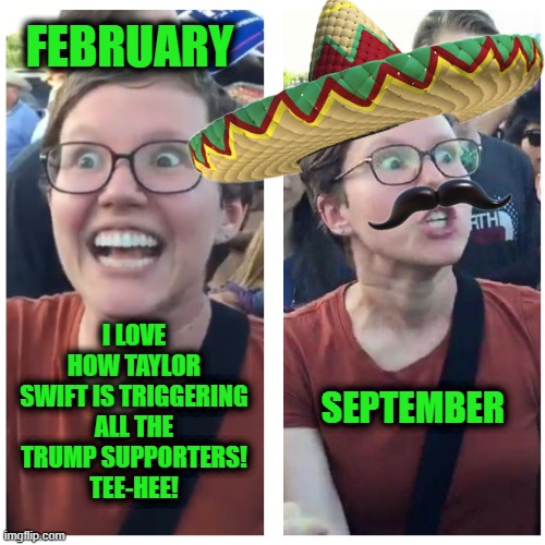 Taylor Swift and the Kansas City Chiefs: The Meme that Keeps on Giving | FEBRUARY; I LOVE HOW TAYLOR SWIFT IS TRIGGERING ALL THE TRUMP SUPPORTERS!
TEE-HEE! SEPTEMBER | image tagged in sjw happy then triggered | made w/ Imgflip meme maker