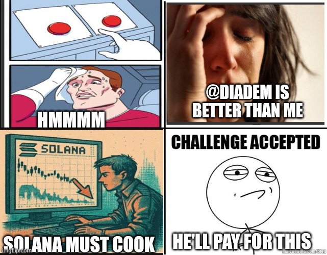 Challenge accepted | @DIADEM IS 
BETTER THAN ME; HMMMM; HE'LL PAY FOR THIS; SOLANA MUST COOK | image tagged in challenge accepted | made w/ Imgflip meme maker