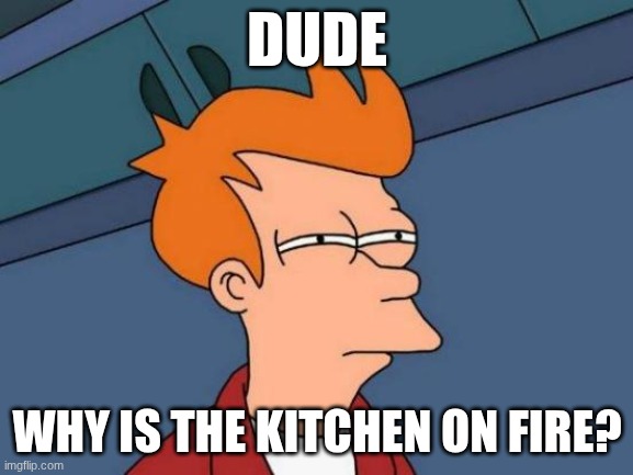 Make memes in the comments saying what the heck is going on in the kitchen (Make it very very goofy) | DUDE; WHY IS THE KITCHEN ON FIRE? | image tagged in memes,futurama fry | made w/ Imgflip meme maker