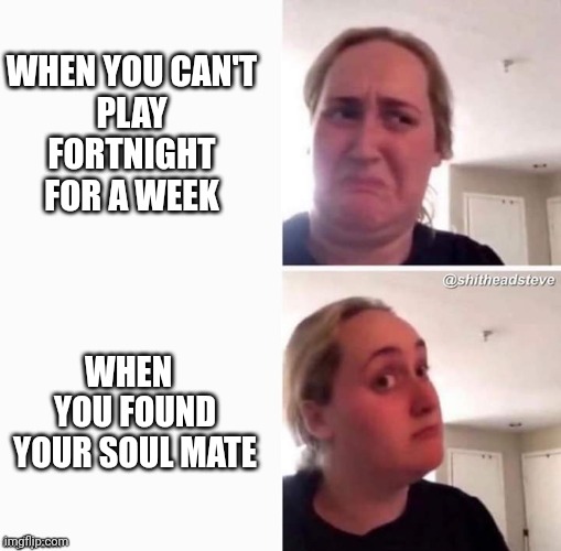 Reconsider Woman Blank | WHEN YOU CAN'T
 PLAY 
FORTNIGHT
FOR A WEEK; WHEN 
 YOU FOUND
 YOUR SOUL MATE | image tagged in reconsider woman blank | made w/ Imgflip meme maker