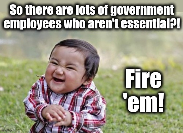 I'd never want to be in a non-essential job anyway. | So there are lots of government employees who aren't essential?! Fire
'em! | image tagged in memes,evil toddler,essential,government shutdown,democrats | made w/ Imgflip meme maker