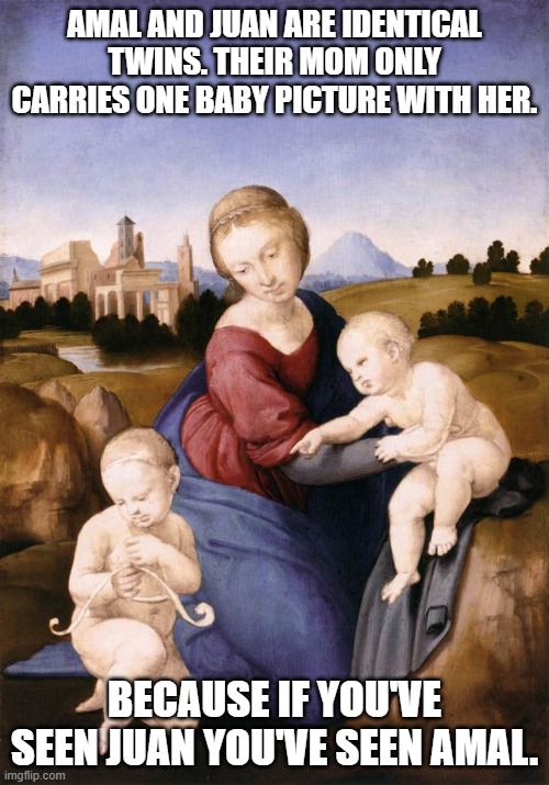 twins | AMAL AND JUAN ARE IDENTICAL TWINS. THEIR MOM ONLY CARRIES ONE BABY PICTURE WITH HER. BECAUSE IF YOU'VE SEEN JUAN YOU'VE SEEN AMAL. | image tagged in twins,classical art,funny | made w/ Imgflip meme maker