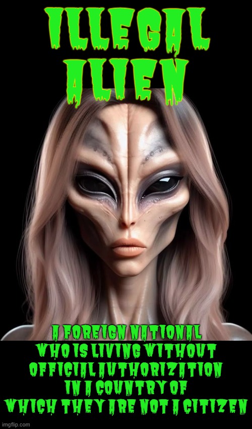 ILLEGAL ALIEN | ILLEGAL
ALIEN A FOREIGN NATIONAL WHO IS LIVING WITHOUT OFFICIAL AUTHORIZATION IN A COUNTRY OF WHICH THEY ARE NOT A CITIZEN | image tagged in illegal alien,illegal immigration,immigration,immigrants,trump,alien | made w/ Imgflip meme maker