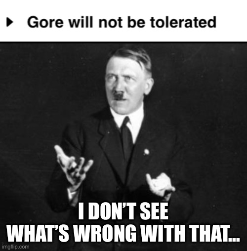 Nothing wrong with a lil’ blood, eh? | I DON’T SEE WHAT’S WRONG WITH THAT… | image tagged in i don t see what s wrong with that hitler,blood,confused,oh okay | made w/ Imgflip meme maker