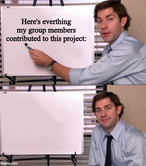 group projects be like | Here's everthing my group members contributed to this project: | image tagged in jim halpert explains | made w/ Imgflip meme maker
