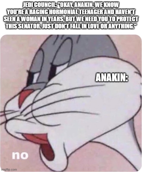 . | JEDI COUNCIL: "OKAY, ANAKIN. WE KNOW YOU'RE A RAGING HORMONIAL TEENAGER AND HAVEN'T SEEN A WOMAN IN YEARS, BUT WE NEED YOU TO PROTECT THIS SENATOR. JUST DON'T FALL IN LOVE OR ANYTHING."; ANAKIN: | image tagged in bugs bunny no,star wars,anakin skywalker,padme,anakin and padme | made w/ Imgflip meme maker