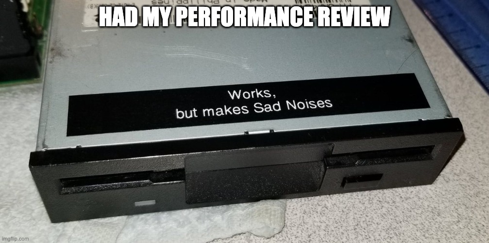 performance review | HAD MY PERFORMANCE REVIEW | image tagged in works but makes sad noises,work,performance,review,working | made w/ Imgflip meme maker