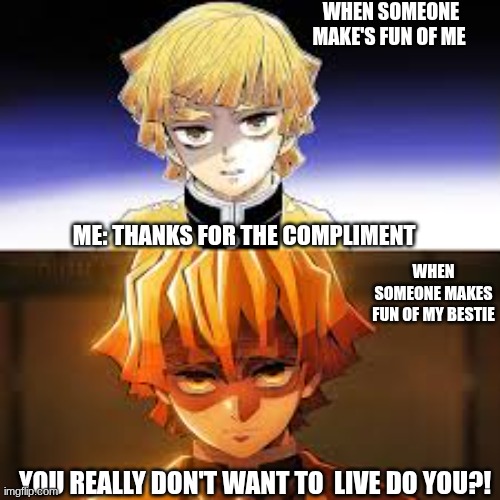 *~DEMON SLAYER~* | WHEN SOMEONE MAKE'S FUN OF ME; ME: THANKS FOR THE COMPLIMENT; WHEN SOMEONE MAKES FUN OF MY BESTIE; YOU REALLY DON'T WANT TO  LIVE DO YOU?! | image tagged in funny | made w/ Imgflip meme maker