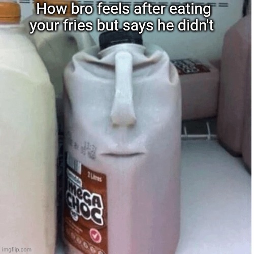 Bro when the when the when | How bro feels after eating your fries but says he didn't | image tagged in the nefarious evil chocolate milk carton | made w/ Imgflip meme maker