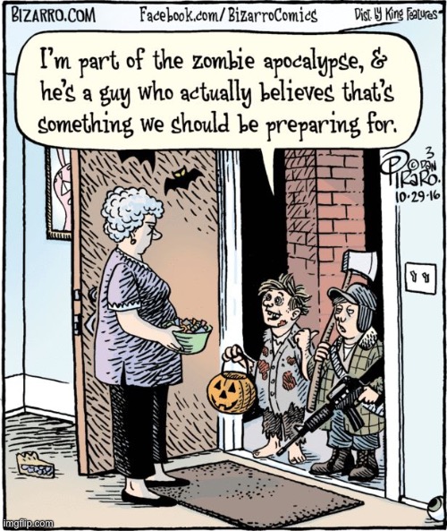 Bizarro Comics | image tagged in comics,bizarro comics,zombie,prepper,costumes,kids | made w/ Imgflip meme maker