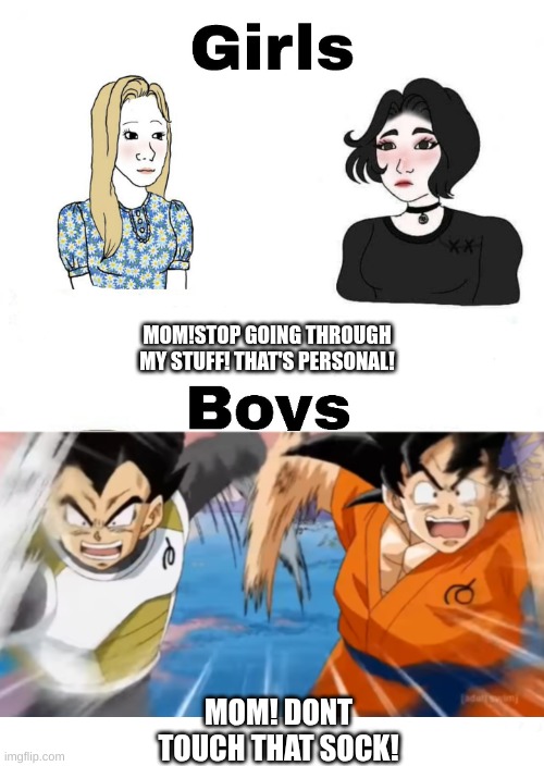 not the sock | MOM!STOP GOING THROUGH MY STUFF! THAT'S PERSONAL! MOM! DONT TOUCH THAT SOCK! | image tagged in girls vs boys | made w/ Imgflip meme maker