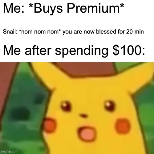 Surprised Pikachu | Me: *Buys Premium*; Snail: *nom nom nom* you are now blessed for 20 min; Me after spending $100: | image tagged in memes,surprised pikachu,war thunder | made w/ Imgflip meme maker