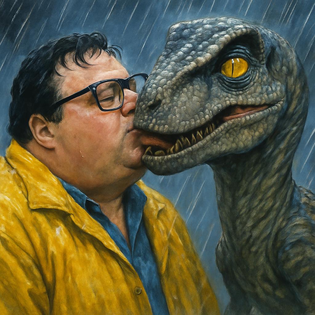 Dennis Nedry Kissing a Velociraptor Blank Meme Template