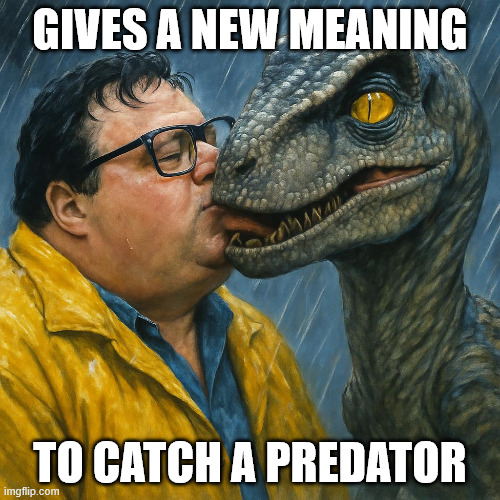 To catch a predator | GIVES A NEW MEANING; TO CATCH A PREDATOR | image tagged in jurrasic park,dennis nedry,velociraptor,catch,a,predator | made w/ Imgflip meme maker