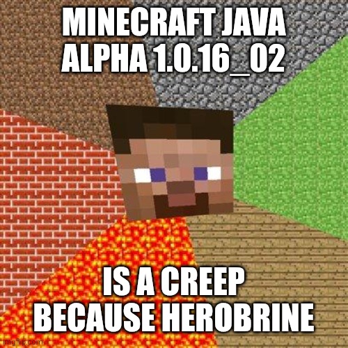 Minecraft Steve | MINECRAFT JAVA ALPHA 1.0.16_02; IS A CREEP BECAUSE HEROBRINE | image tagged in minecraft steve | made w/ Imgflip meme maker